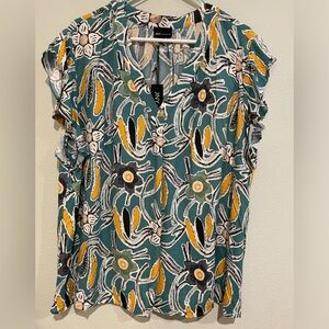 Jones New York JNK NWT short sleeve floral blouse in teal and yellows. S…